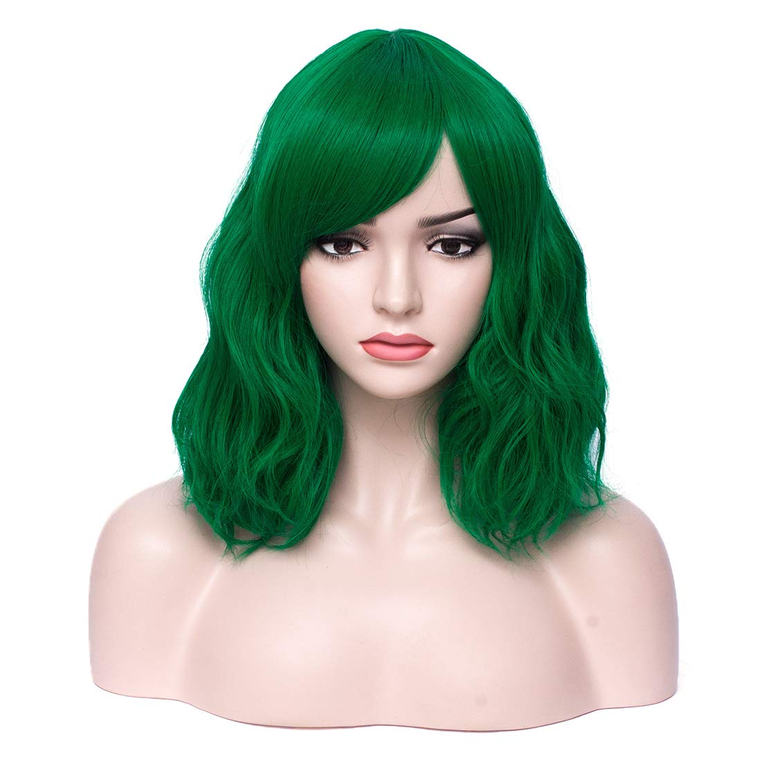 BERON 14 Inches Dark Green Wig Women’s Curly with Bangs Green for Women Halloween Cosplay for Daily Use Synthetic Wig