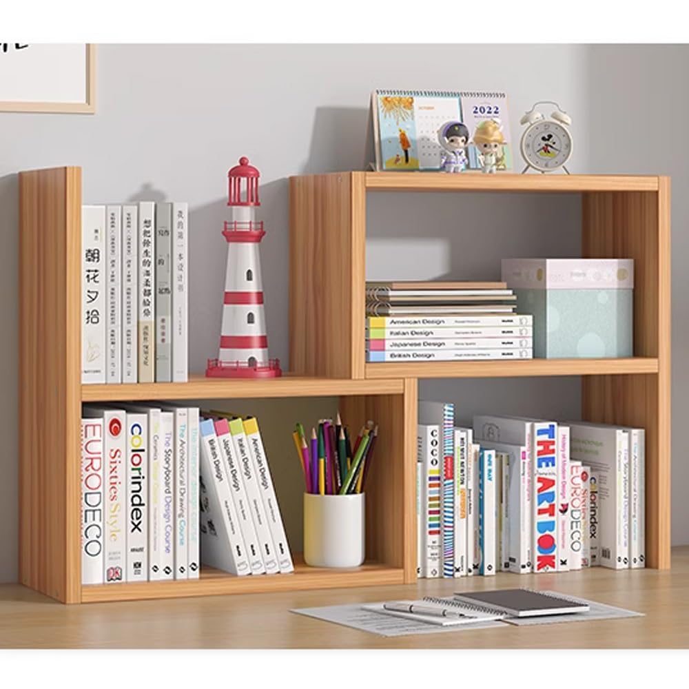 EMISOO Modern Desktop Storage Shelves, Telescopic Bookshelf Wood, Office Desk Organizer Shelf, Adjustable Bookcases For Corner, Free Style Rotation Display Rack, Shelfing (Color : Cherry wood)