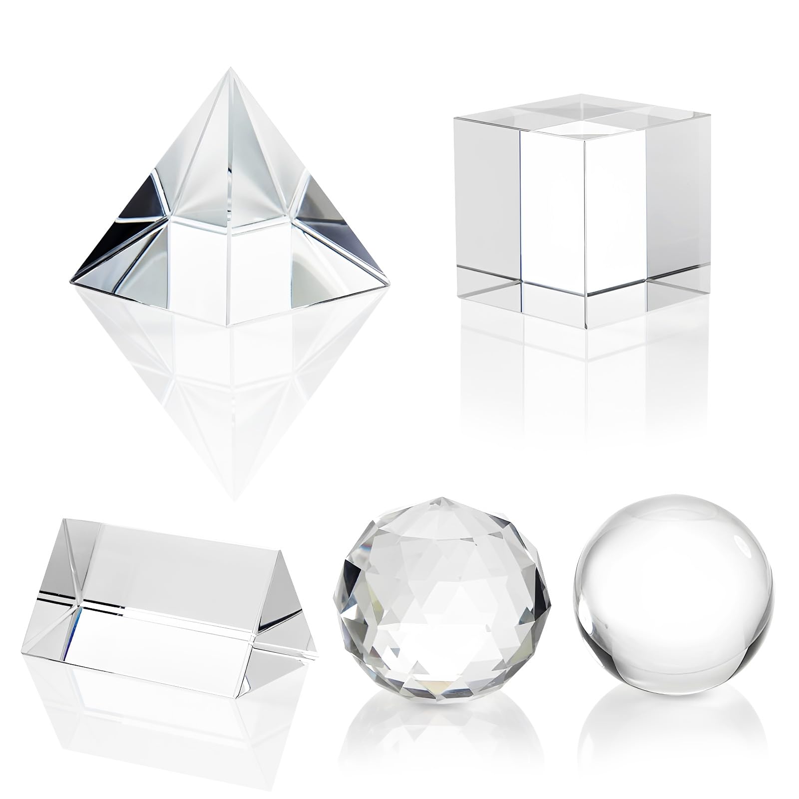 OFXCEN 5 PCS Optical Crystal Photography Prism Set K9 50mm, Clear Optical Photography Prism Set K9 Glass Glass Prisms Teaching Light Spectrum Include Crystal Ball Cube Pyramid Triangular Lens Ball