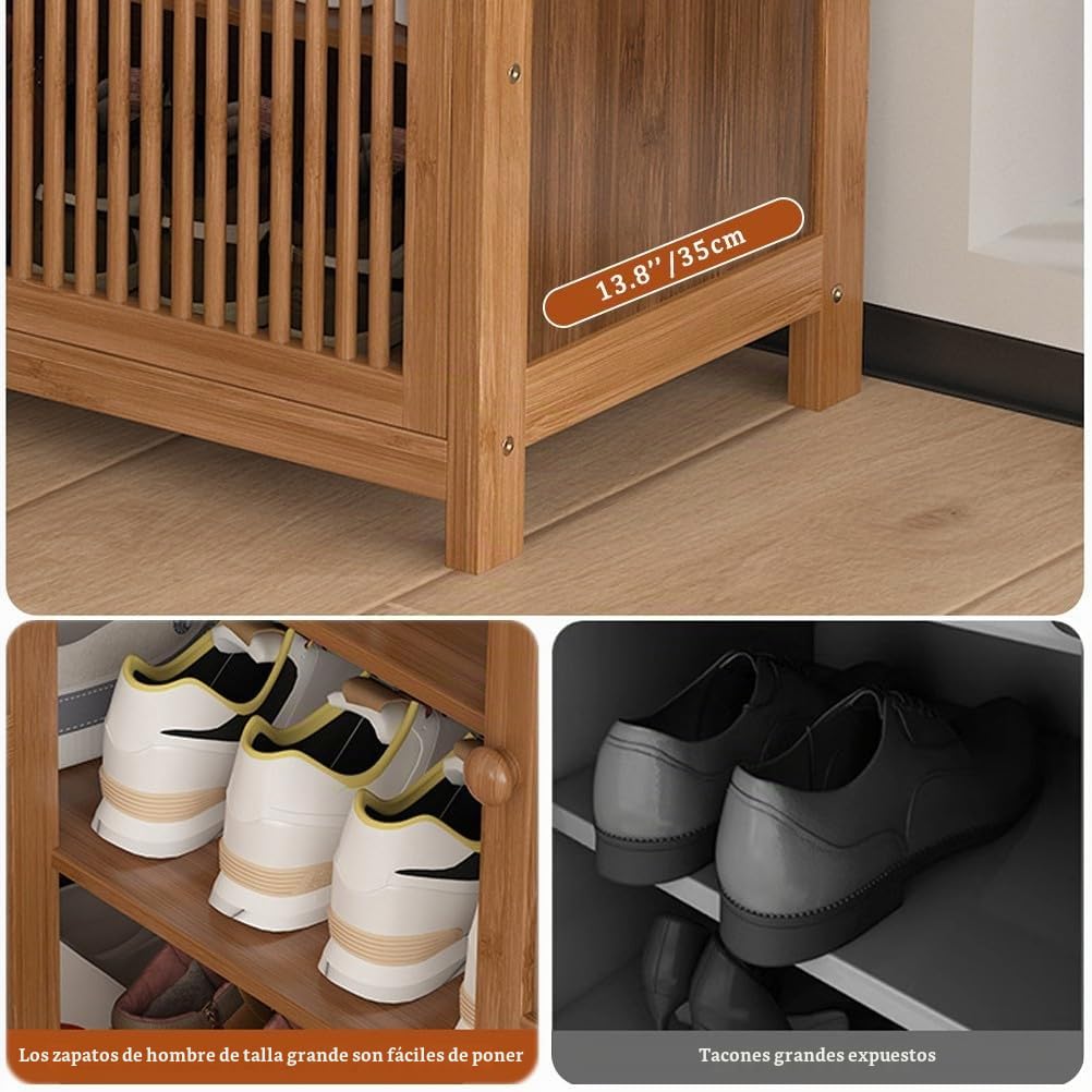 Armario Zapatero Bambu, Armario Entrada Recibidor de 5 Niveles, Cajón Doble con Puertas Mueble Zapateros, 130 x 35 x 99 cm Zapatero Rustico, Marrón