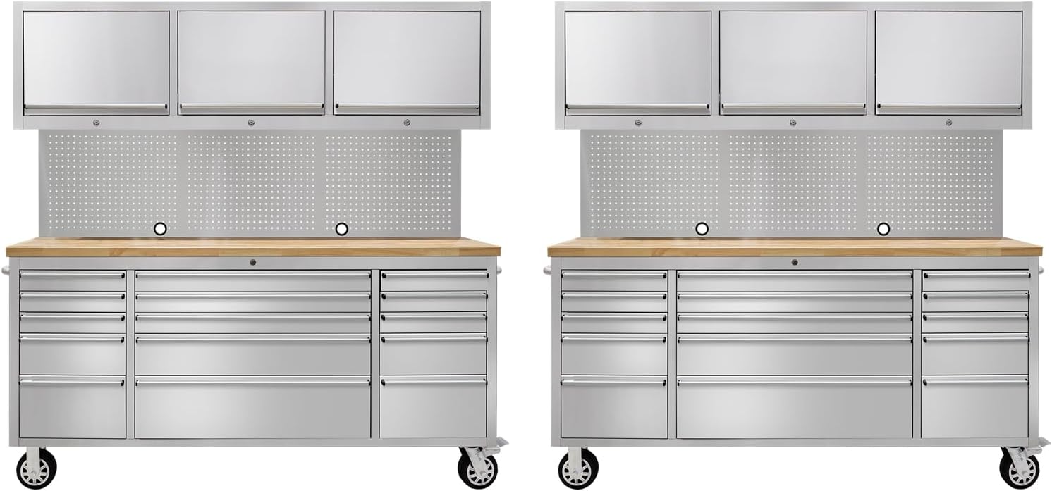 CHETTO C 72 inch Tool Chest Tool Box Mobile 15 Drawers Storage 3 Upper Cabinets SS-Pegboard Rolling Cabinet with Wheels Lock Key Locking System Drawer Liners for Garage Warehouse Repair Shop Black