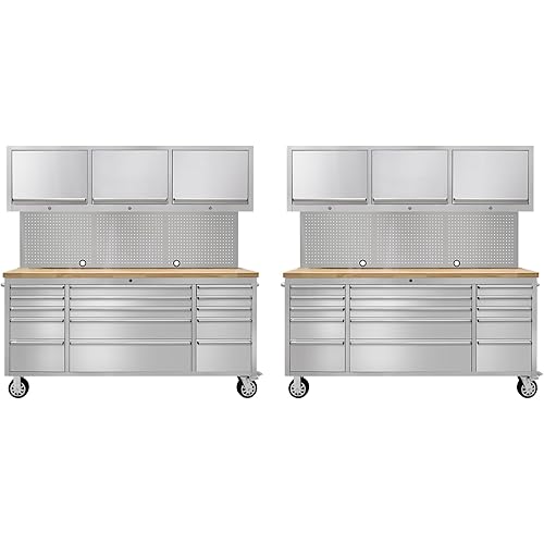 CHETTO C 72" Tool Cabinet Chest with 15 Drawers + 3 Upper Cabinets Mobile Rolling Workbench Large Tool Box Lockable Storage Cabinet with Wheels for Garage Workshop Stainless Steel 2 Pack