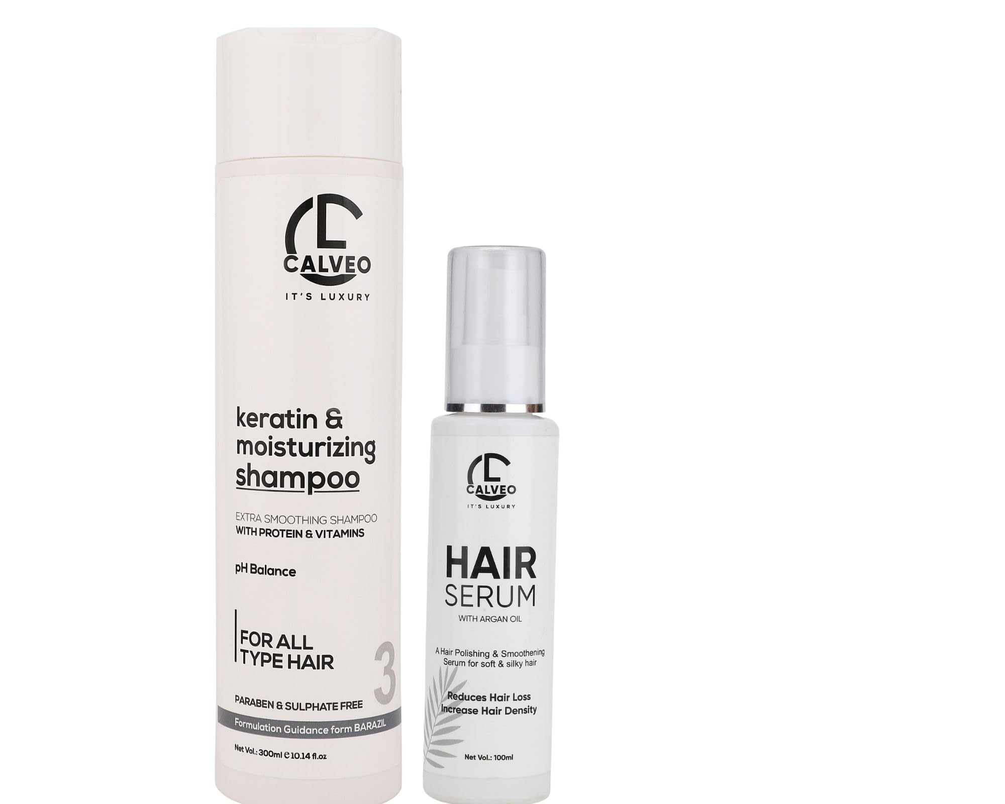 CALVEO Keratin Moisturizing Shampoo & Hair Serum With Argan Oil Combo- Post Colored & All Treatment Hair Care-Damage Hair|Frizz control Smooth Shiny Hair| Ultimate Hydration Formulated for Indian Hair