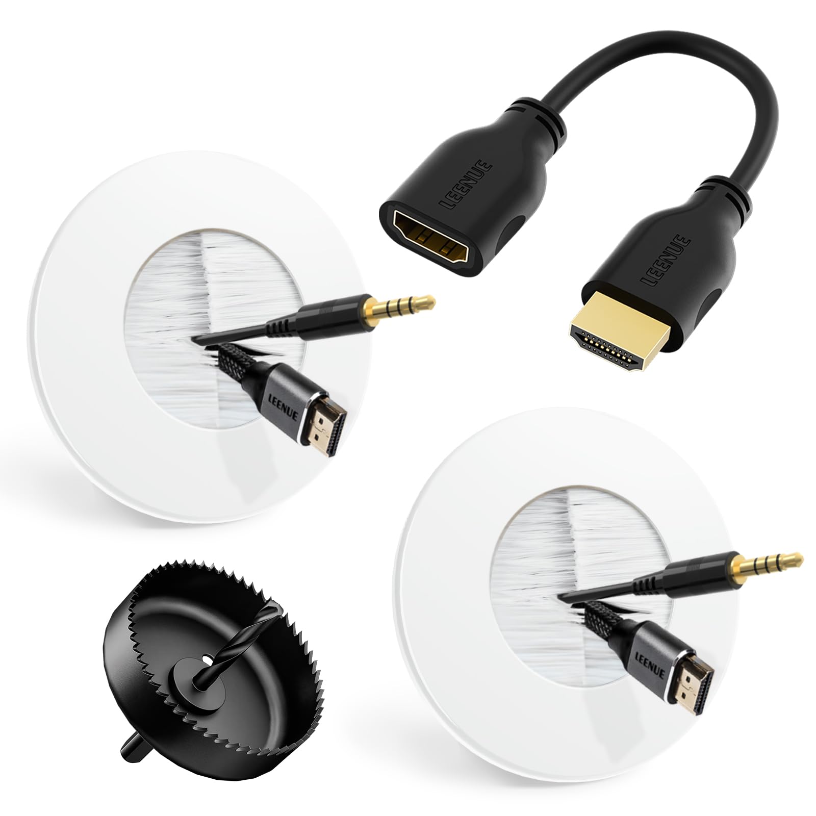 Cache-prise murale encastrée avec scie cloche et rallonge HDMI courte 20 cm LEENUE