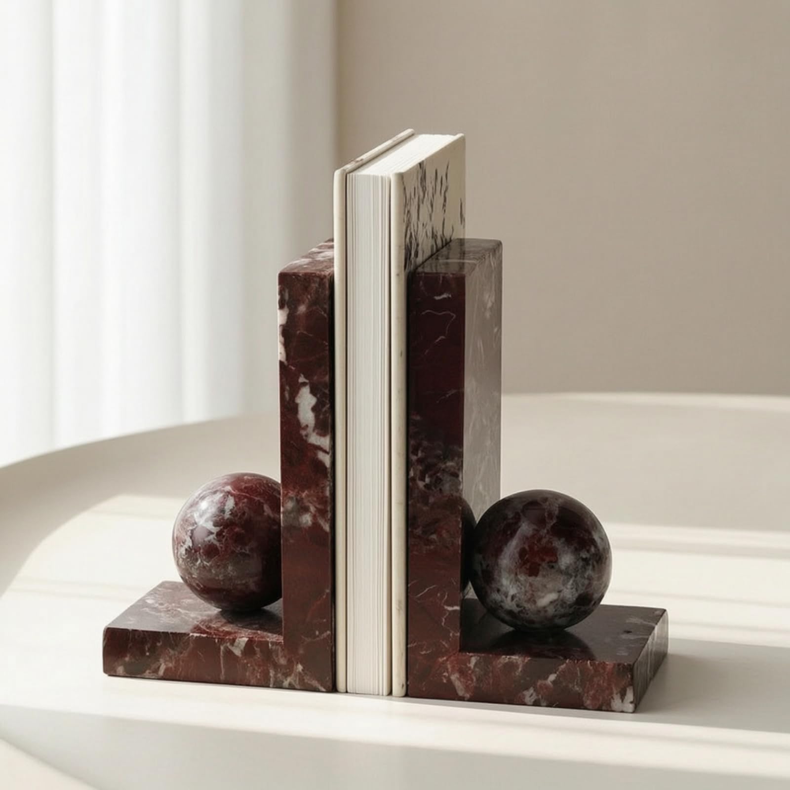 Fermalibri in Marmo Staffe Libri Rettangolari con Palla Ornamentale Struttura Stabile Aspetto Contemporaneo Adatti a Soggiorno Postazione Lavoro Libreria Vetrinetta 90x90x150mm