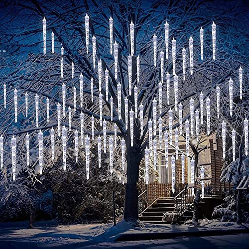 Luzes solares de chuva de meteoros, luzes de árvore solares, 50 cm, 8 tubos, 192 LEDs, luzes brancas