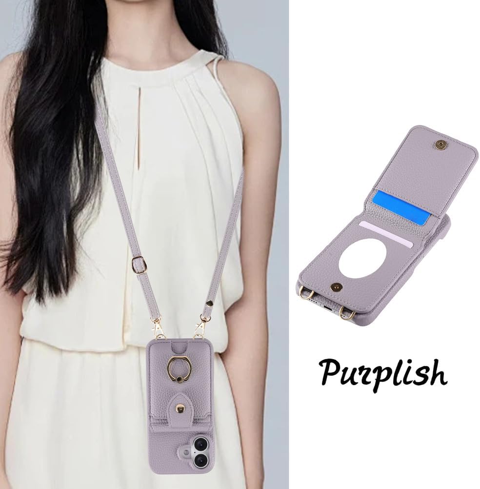 Crossbody Case for iPhone 17/17 Air/17 Pro/17 Pro Max, Stylish Wallet Leather Cover with Card Holder and Metal Ring Stand Case Purple