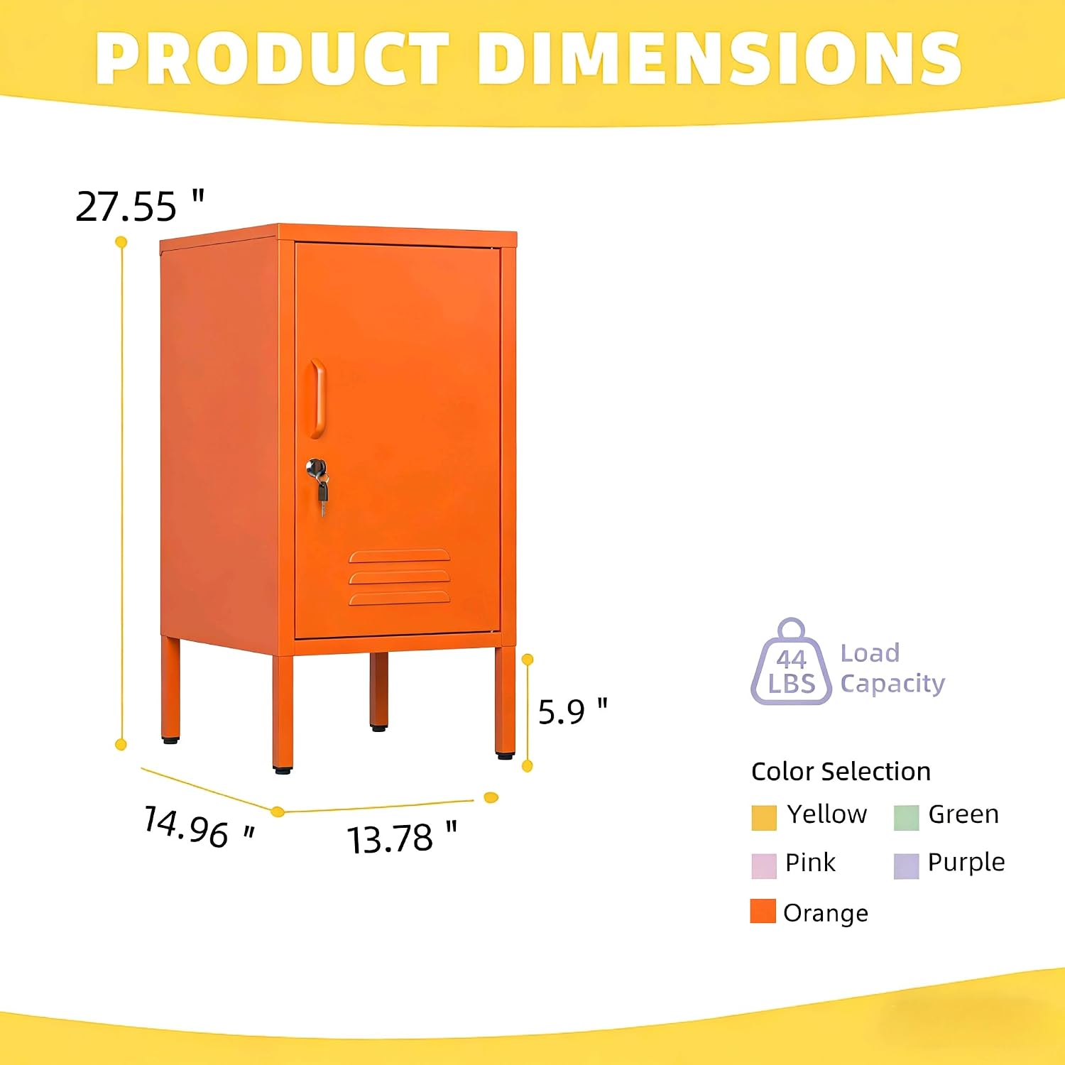 Diagram showing the dimensions of the IDEALHOUSE Single Door Lockable Metal End Table: 27.55 inches height, 14.96 inches depth, 13.78 inches width, and 5.9 inches leg height. Also indicates a load capacity of 44 lbs.
