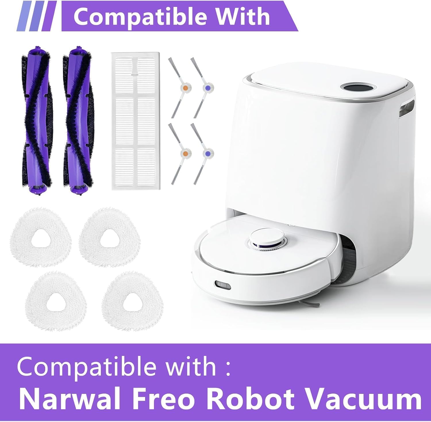 17PCS Combo Accessories Replacement Kit for Narwal Freo Robot Vacuum and Mop Cleaner, 1 Main Brushes, 6 Side Brushes, 4 Hepa Filters, 4 Mop Cloths, 1 Cleaning Tool, 1 Screwdriver