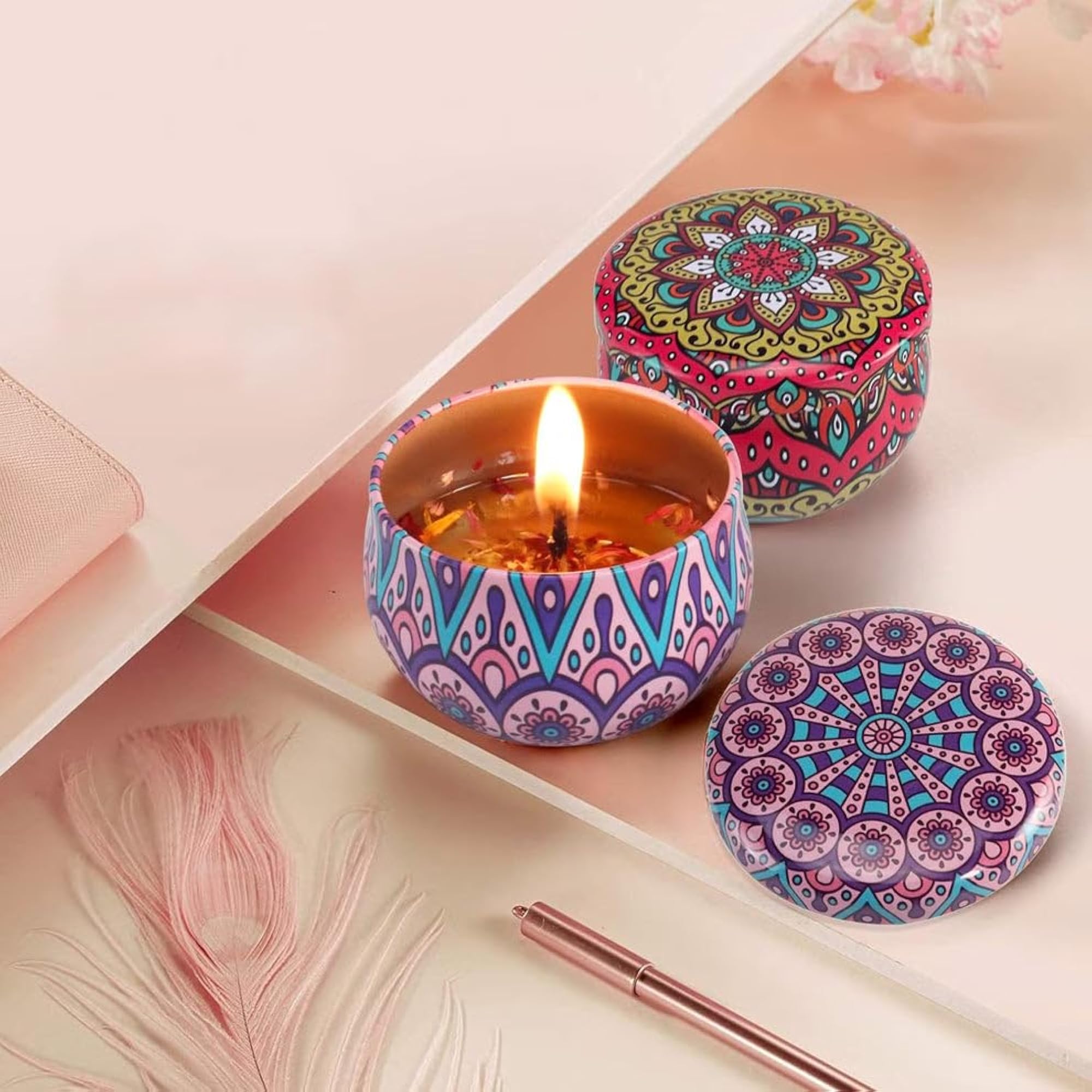 Mandala Printed Metal Candle Container Set, 4-Piece