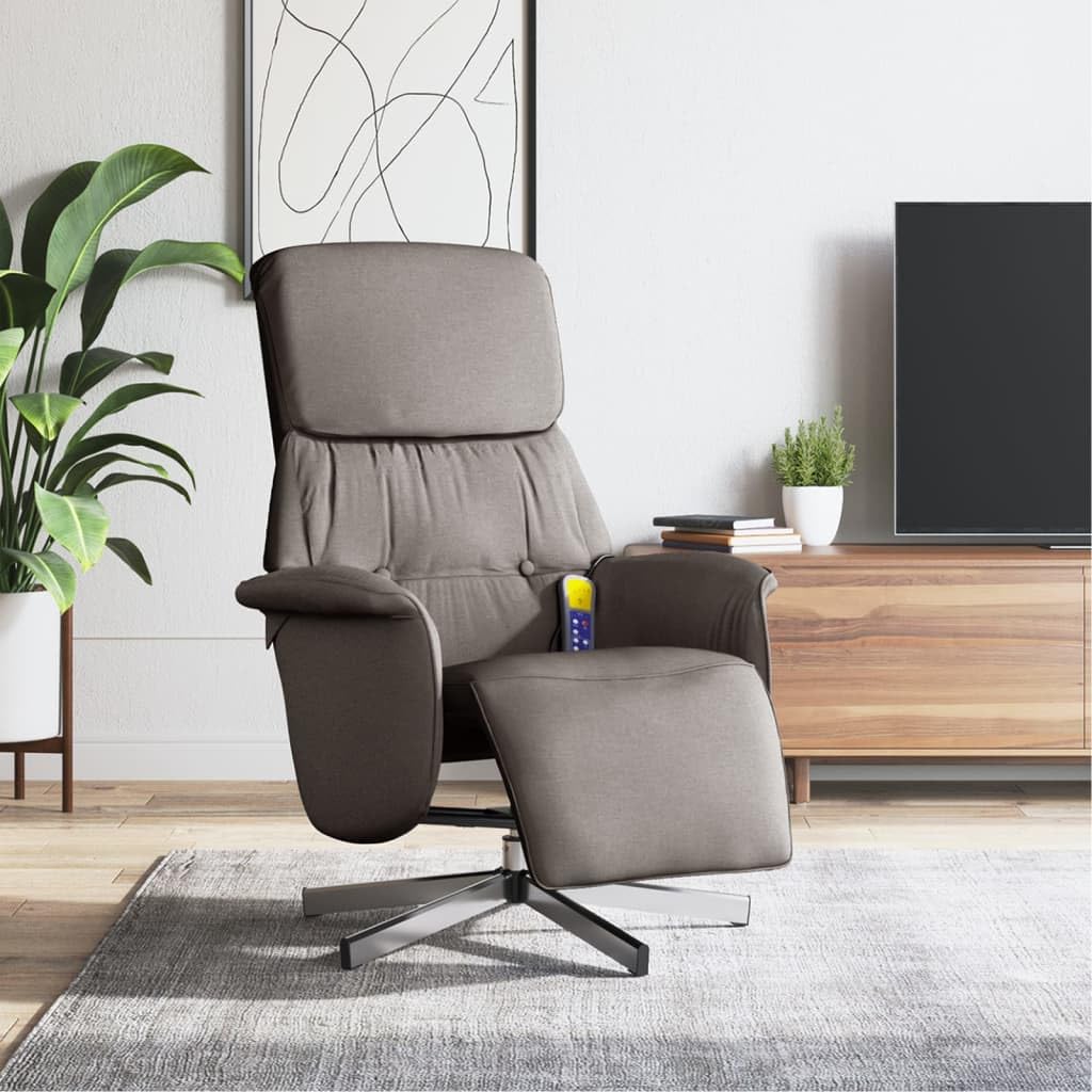 Massagesessel mit Fußteil Taupe Stoff Sitzmöbel Lounge Relax Elektrisch Drehbar Rückenlehne und Fußstütze für Wohnzimmer Büro Entspannung