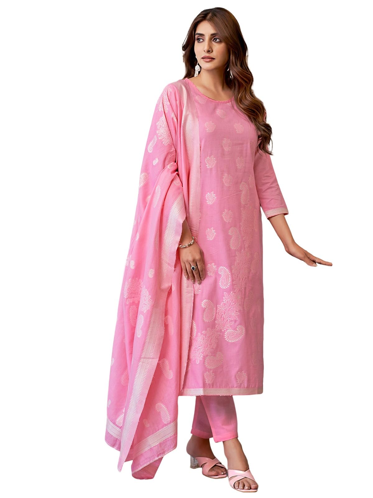 Sanisa Women's Cotton Jacquard Work Straight Kurta With Pant And Dupatta Set (212Kbd2244Na-Xxl_Pink & Off White)