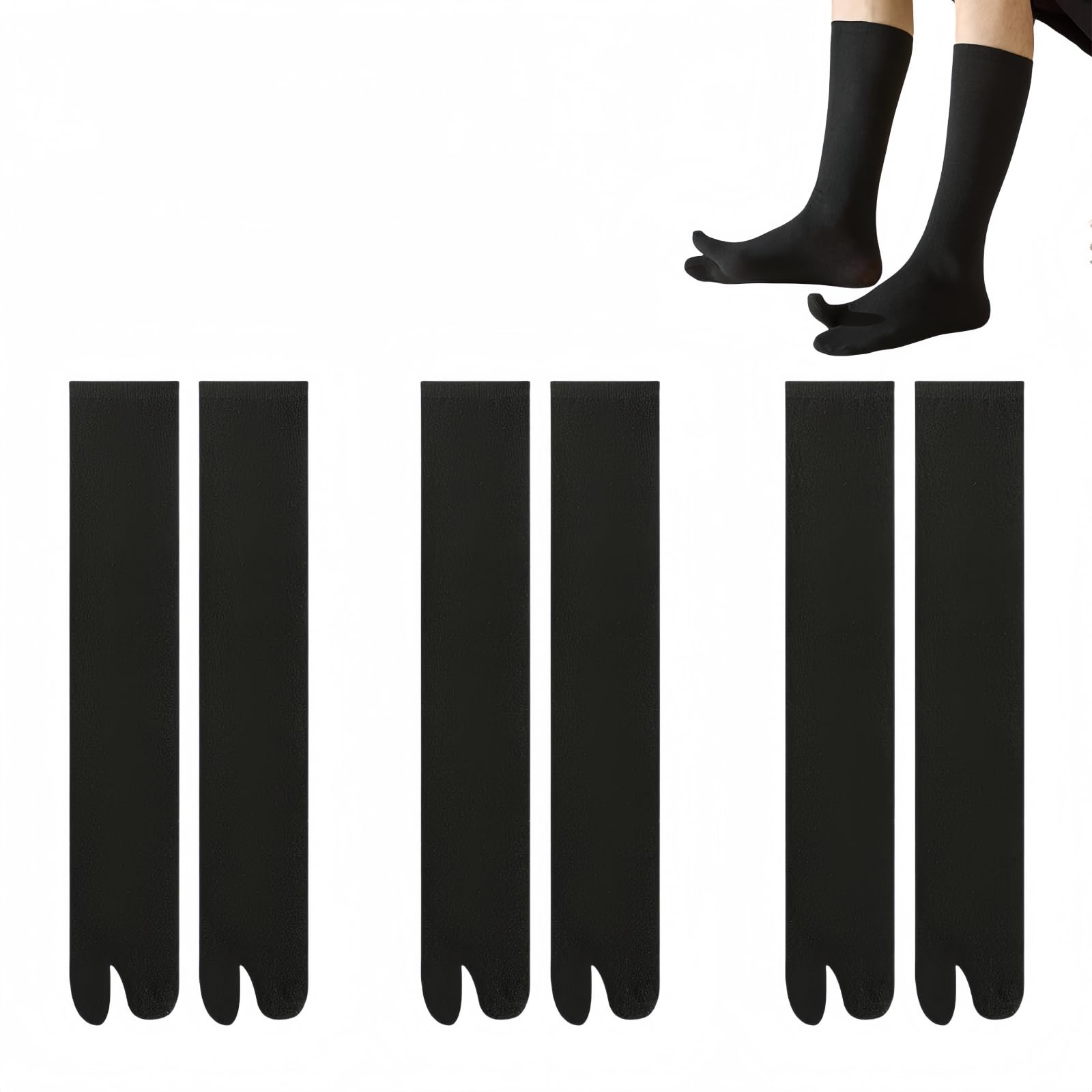 Hybursky Women's Black Tabi Flip Flop Socks For Men 3 Pairs Cotton Japanese Split Toe Socks Mid-Calf Length Elastic Unisex Shinobu Cosplay Extra Sock(Black)