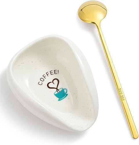 FANGSUN Soporte para cucharas con cuchara de café dorada, soporte de cuchara de cerámica para encimera de cocina, soporte para cucharadita para