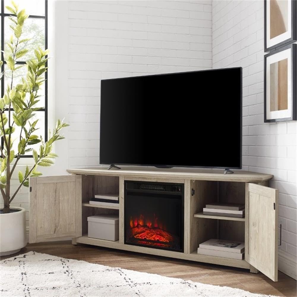 BOWERY HILL 58" Wood Corner TV Stand with Fireplace, Frosted Oak Finish, Rustic Design, Fits TVs Up to 65 Inches, Adjustable Shelves, Energy-Saving LED Display, Modern Farmhouse Living Room Furniture