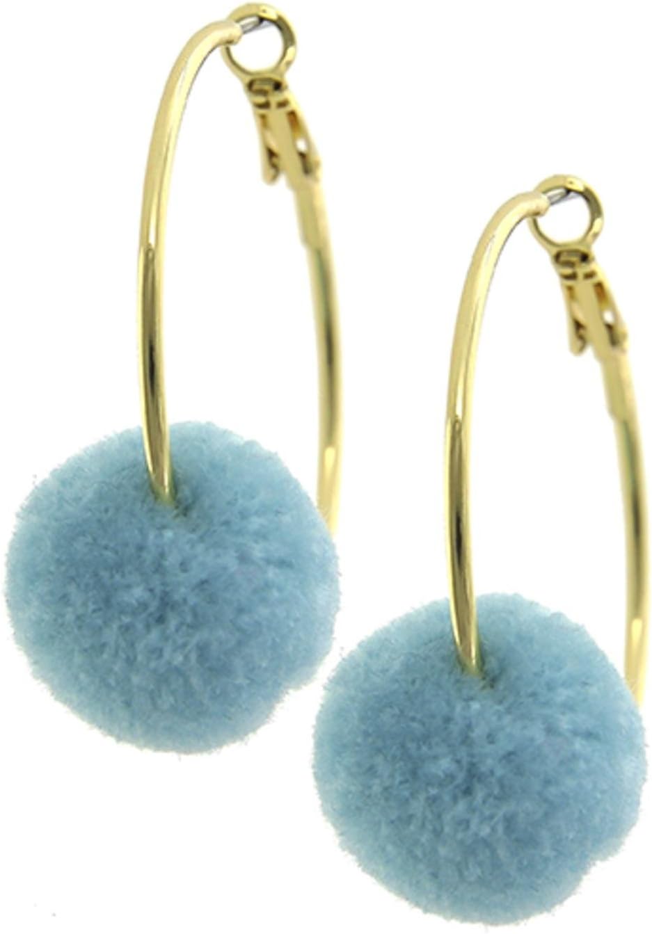 Fashion Trendy Clip Back Pom Pom Dangle Hoop Earrings for Women / AZERPP621