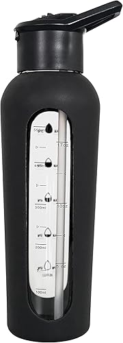 Miniatura 2 de haelo Botella de agua motivacional de vidrio de 24 onzas con tapa abatible, pajilla, funda protectora de silicona, asa, reutilizable, sin BPA (negro)