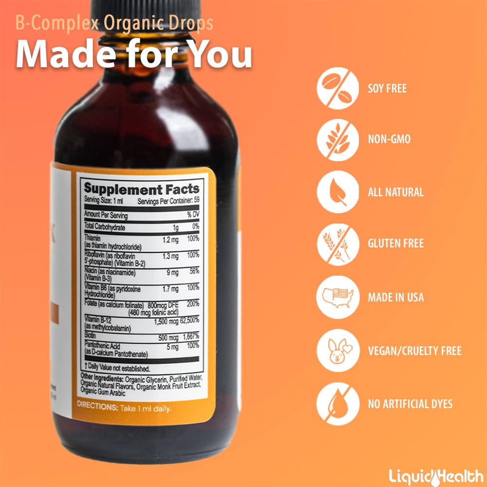 LIQUIDHEALTH USDA Organic Vitamin B Complex Drops for Men & Women - Natural Energy, Improved Focus, Memory & Mood, Immune Support, Metabolism Boost - USA Made, Extra Strength, Sugar Free, Vegan (2 oz) — Amazon image 5