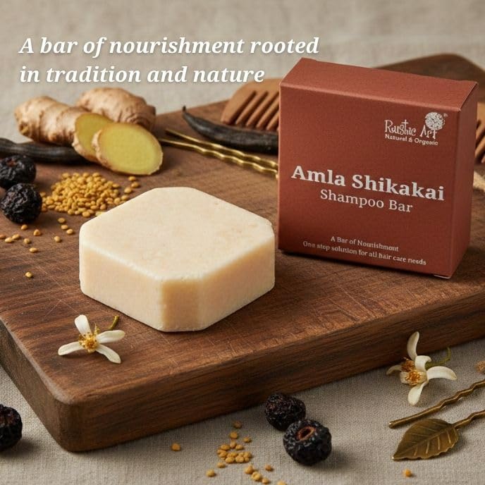 Image of Rustic Art Amla Shikakai Shampoo Bar | Cleanses Scalp & Reduces Hair Fall | All Hair Types | Methi & Ginger | Sulphate Paraben Free | 75g