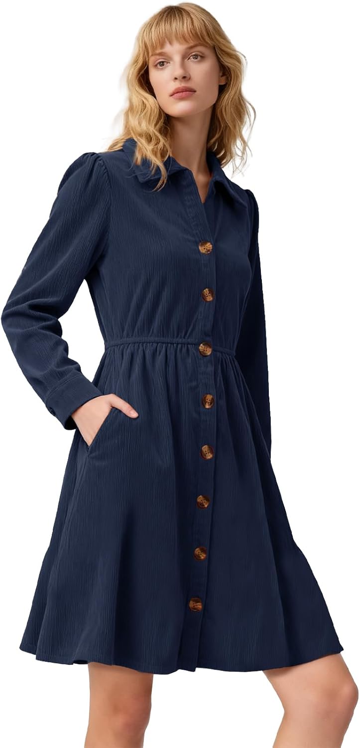 Alaster Queen Women's Corduroy Dresses Long Sleeve Fall Shirt Button Down Back Tiered Short Work Dress with Pocket - Image 3