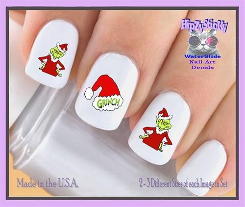 Holiday Christmas - Navidad 802X cara verde dibujos animados Santa traje Navidad sombrero uñas calcomanías - WaterSlide uñas arte uñas accesorios de