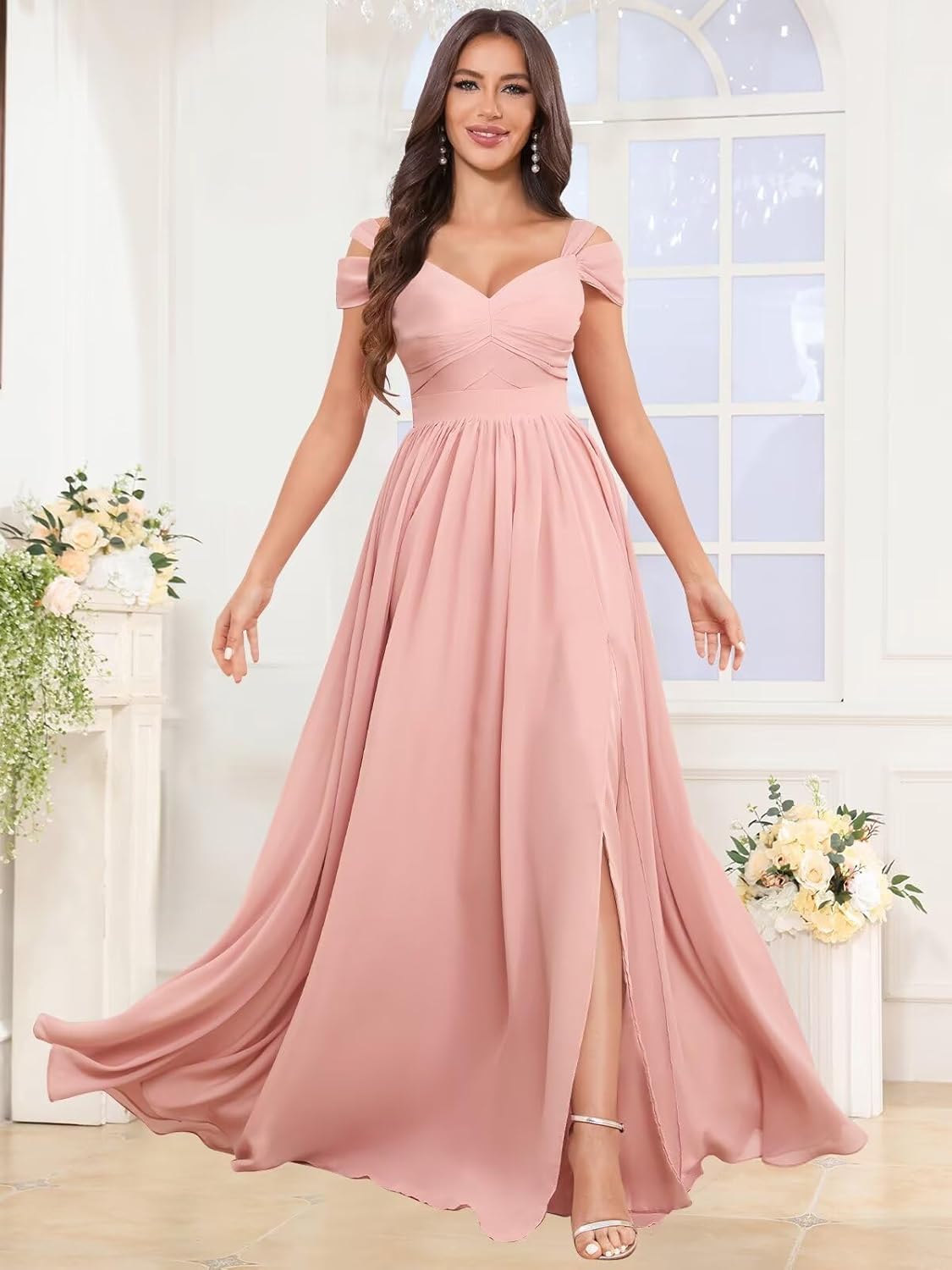 Off Shoulder Bridesmaid Dresses for Women - Long Chiffon Ruched Formal Evening Dress with Slit