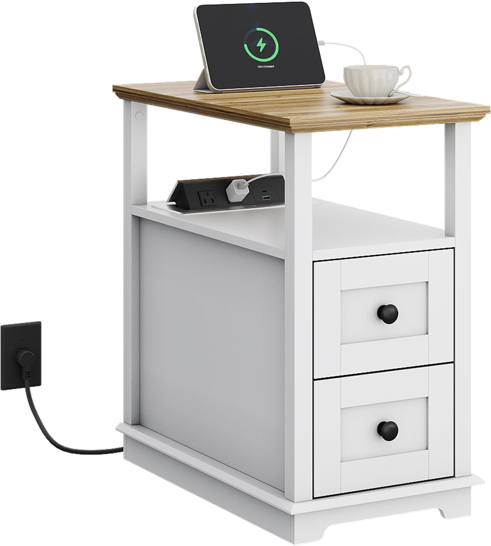 End Table with Charging Station, Narrow Side Table for Living Room, Farmhouse Night Stand with Storage, Small Wooden Cabinet with USB Ports and Outlets for Living Room and Bedroom, White