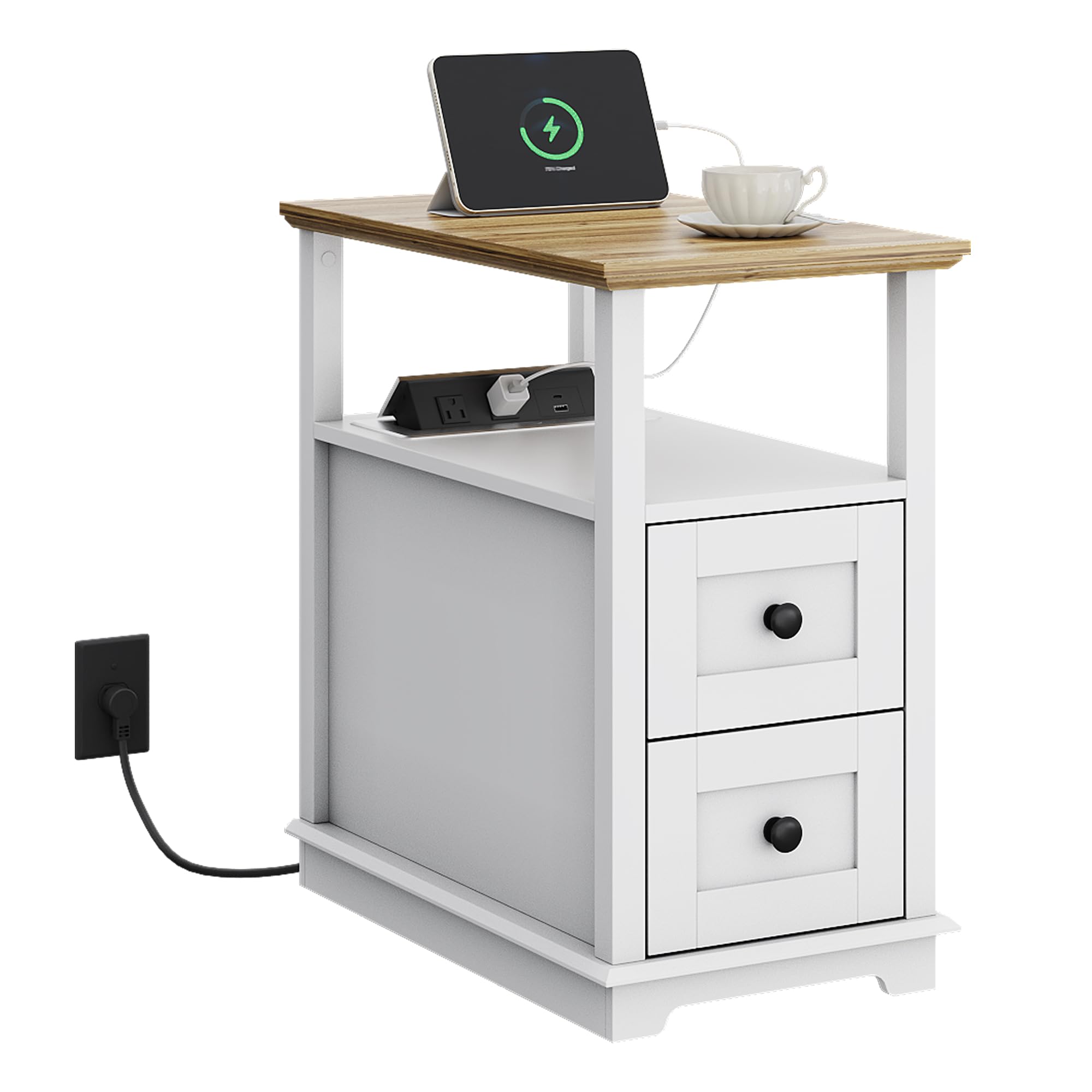 End Table with Charging Station, Narrow Side Table for Living Room, Farmhouse Night Stand with Storage, Small Wooden Cabinet with USB Ports and Outlets for Living Room and Bedroom, White