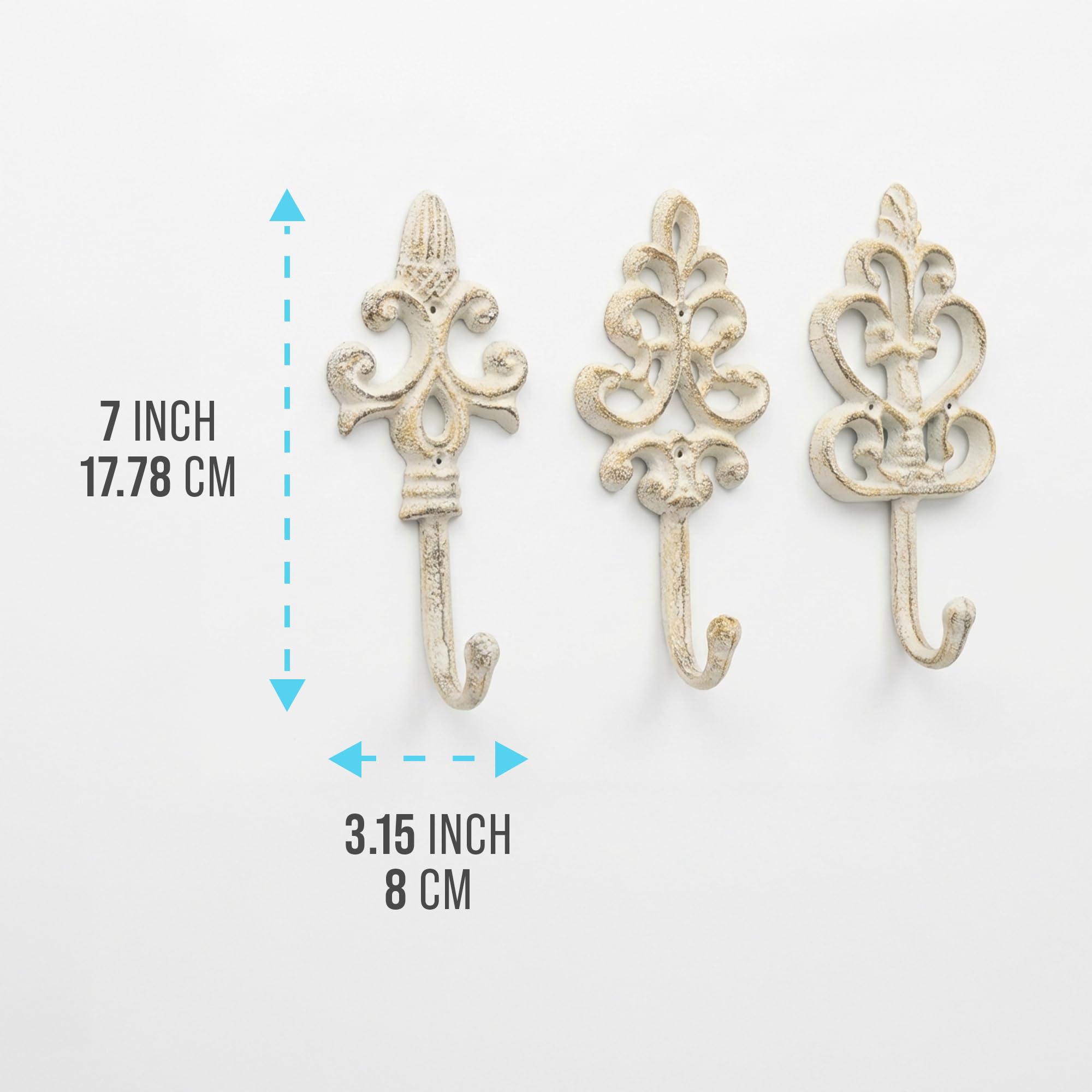 Comfify Ganchos de pared decorativos de hierro fundido antiguo, rústico, estilo campestre francés, grandes ganchos decorativos para colgar, juego de 3, tornillos y anclajes para montaje incluidos