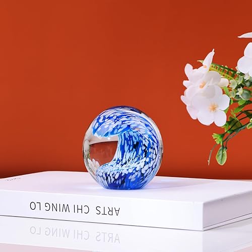 Miniatura 4 de DOVDOV Bola decorativa de cristal, bola de vidrio soplado, decoración de pisapapeles de trompeta azul, obra de arte de cristal, adecuada para