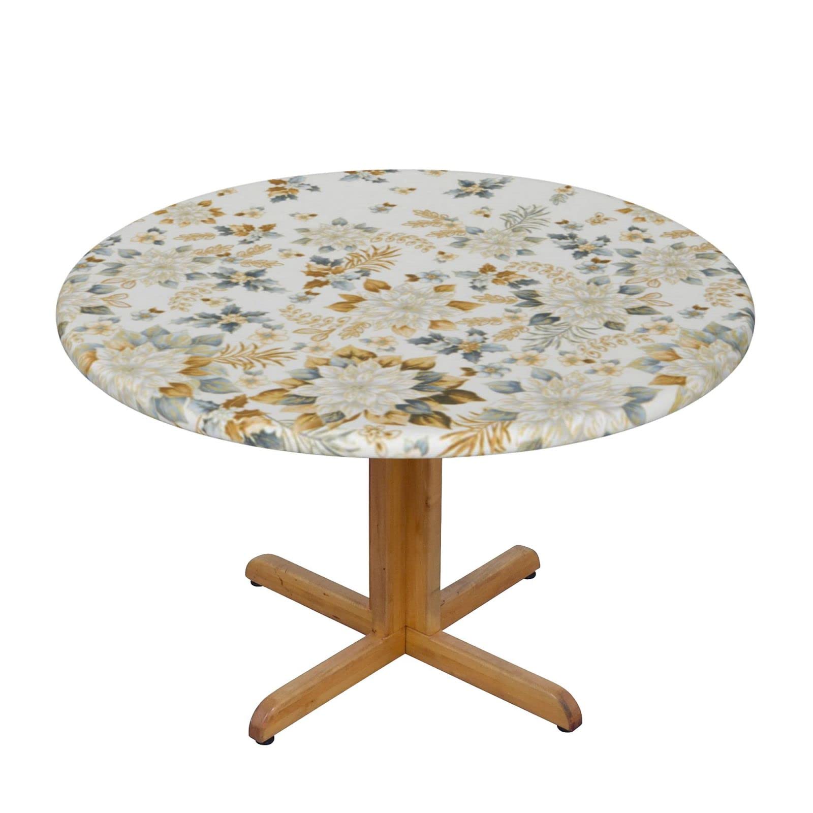 Lsjuee Round Fitted Tablecloth 40-44in Elastic Edged Table Cloth for Kitchen Dining Party Home Decor - Vintage Golden Floral Texture
