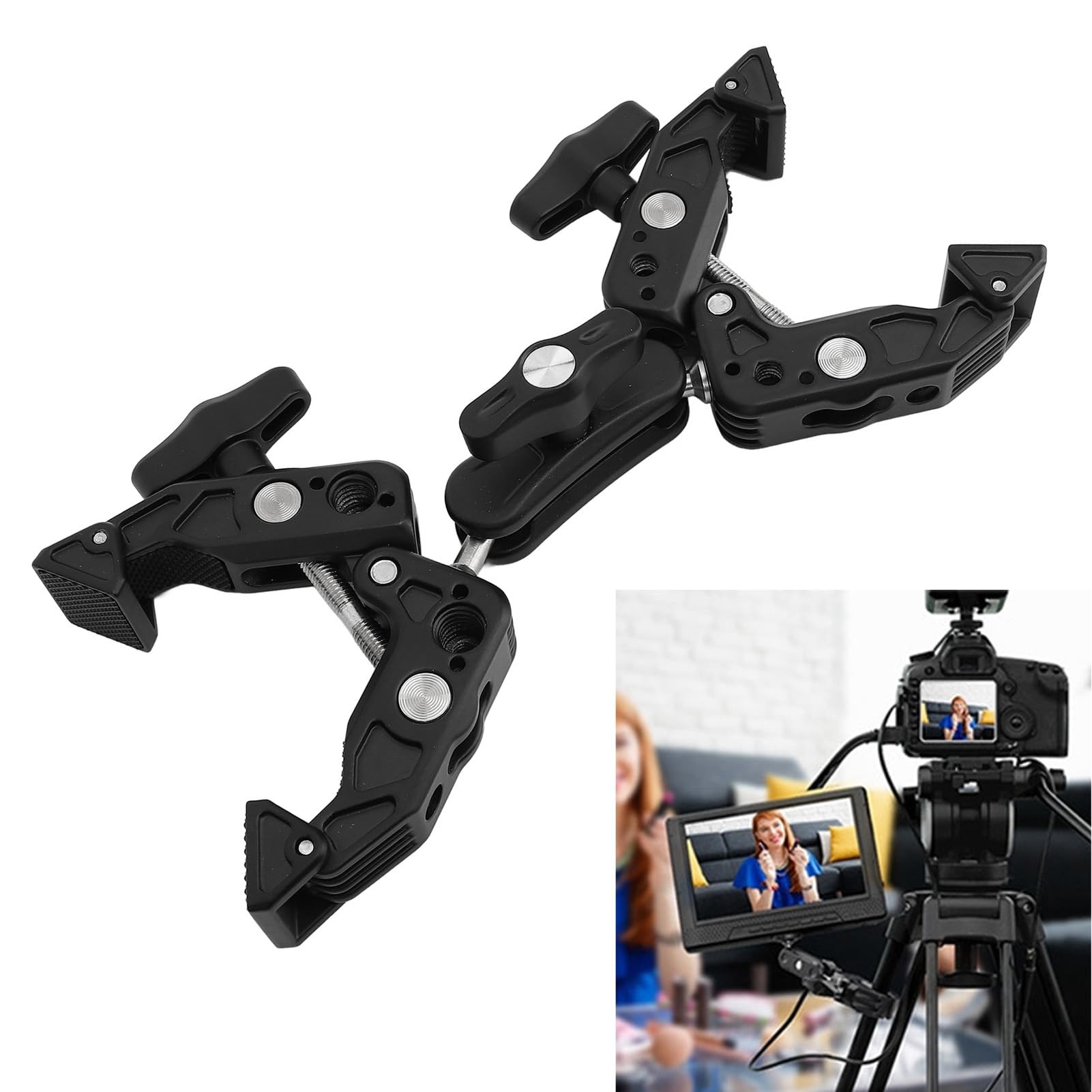 Podwójny uchwyt Super Clamp Mocowanie kamery ze stopu aluminium Adapter zaciskowy z głowicą kulową z interfejsem 1/4 3/8 cala do monitora Oświetlenie LED Profesjonalny sprzęt
