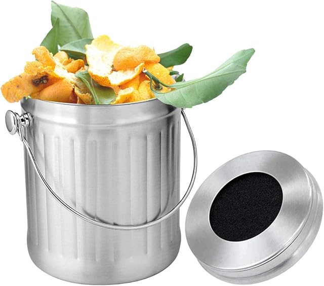 Ridecyle 3 Pcs Stainless Steel Compost Bin - Hanging Trash Can with Lid for Kitchen Cabinet Door,Family Sized Galvanized Metal Indoor Countertop Compost Bin for Kitchen Scraps and Food Waste
