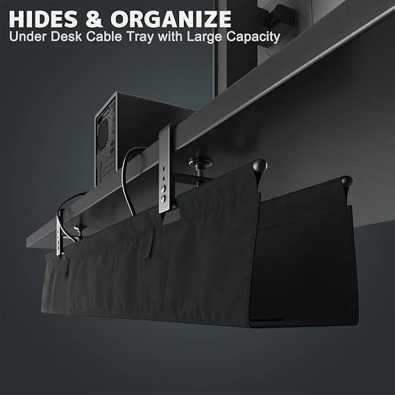 90cm Under Desk Cable Management Tray No Drill for Home & Office, Black | Sturdy tray with clamp/screw options, Easy under-desk access for cable adjustments, Holds power strips & adapters securely