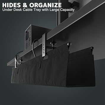 90cm Under Desk Cable Management Tray No Drill for Home & Office, Black | Sturdy tray with clamp/screw options, Easy under-desk access for cable adjustments, Holds power strips & adapters securely