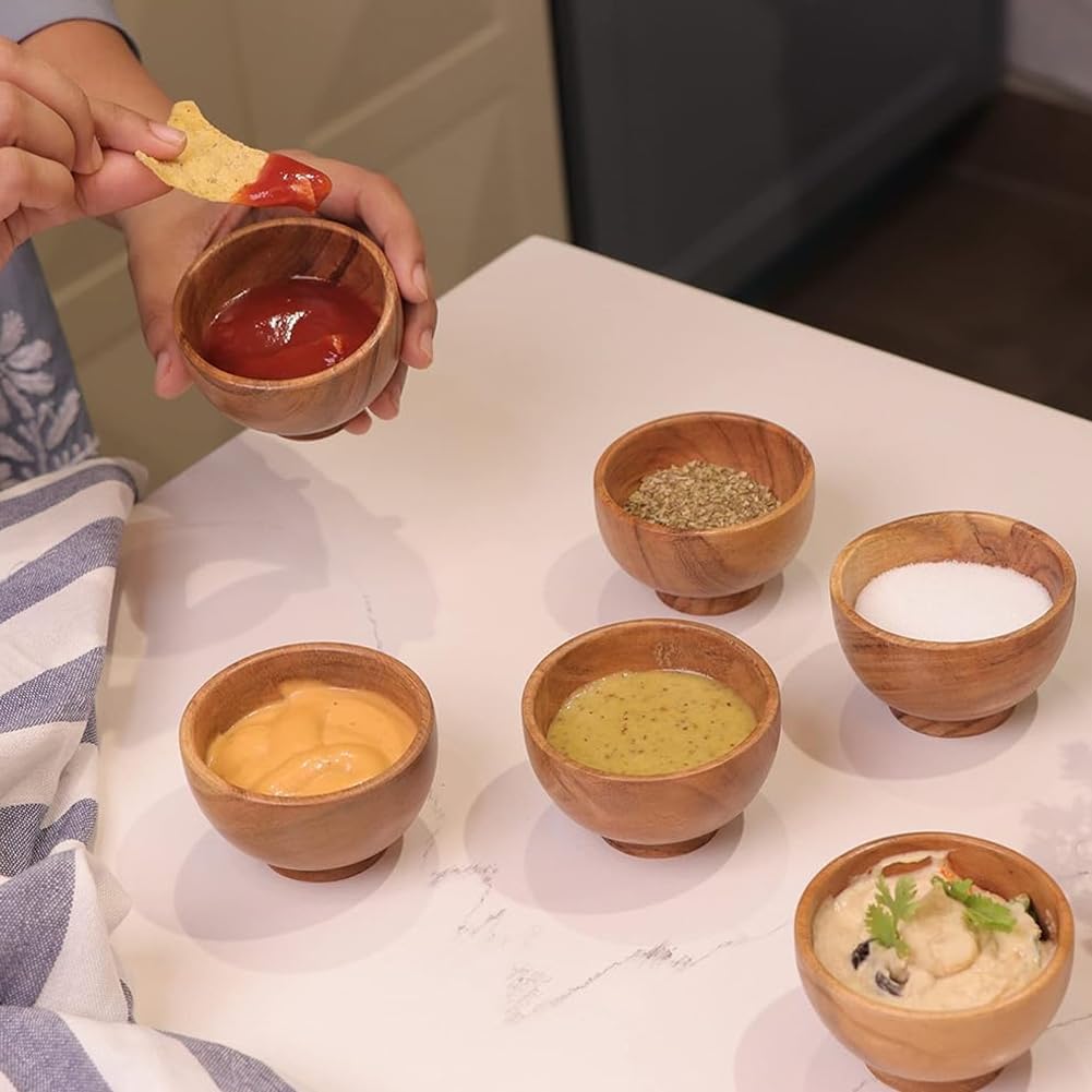 4inch Acacia Wood Dipping Bowls Set, 6PCS Small Wooden Dessert Bowls for Charcuterie Board, Sauce, Nuts, Snacks, Soy Sauce, Rustic Mini Condiment Serving Set (6 bowls, 2 spoons, and 2 plates)