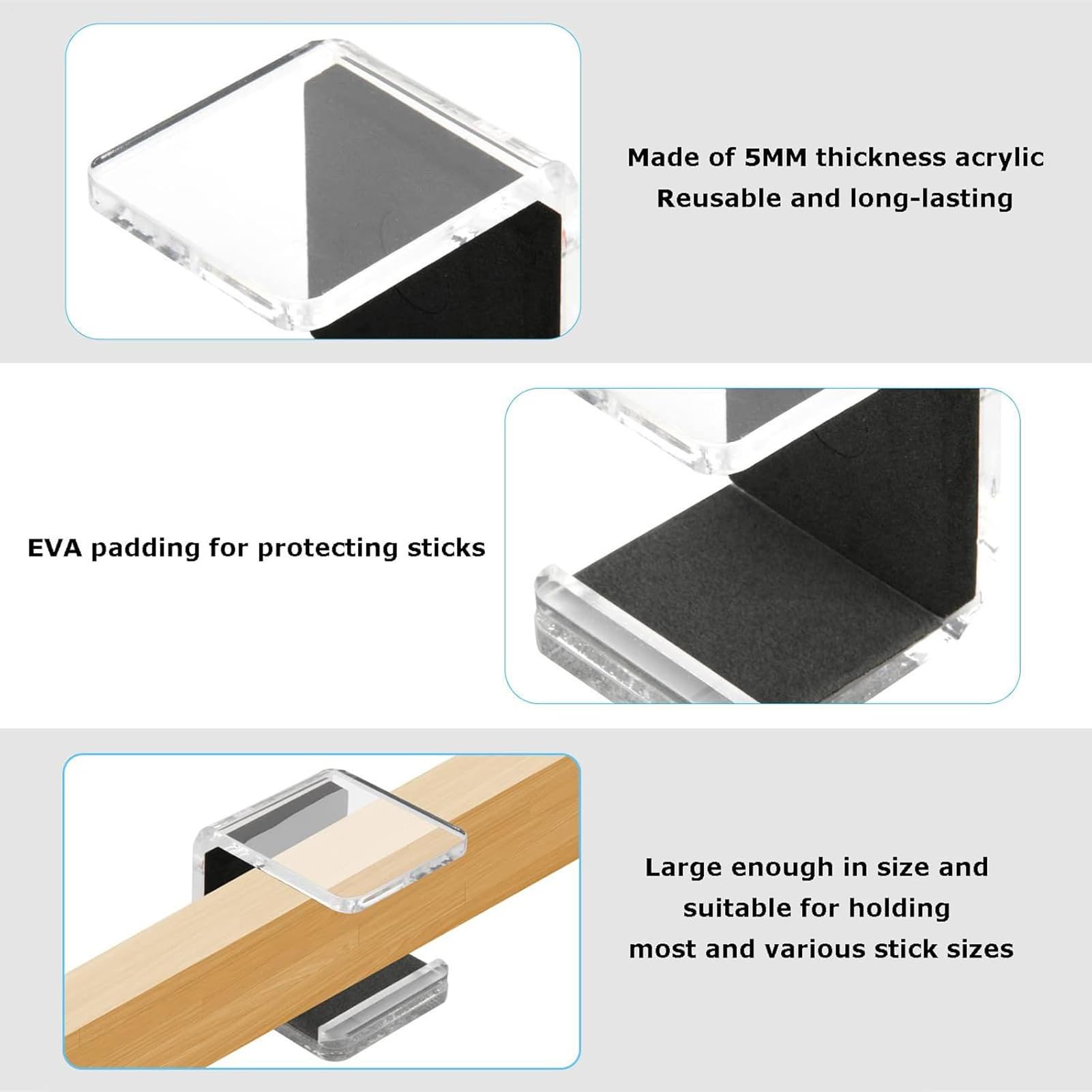 2-Piece Horizontal Hockey Stick Wall Mount Hook - Sport Equipment Holder with Anti-Scratch Pad for Garage Storage