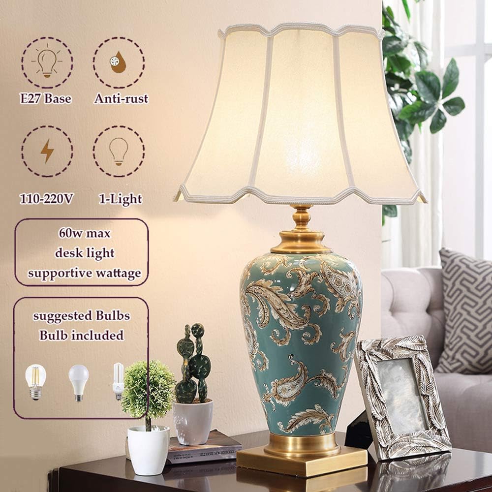 28,4-Calowa Wysokość Zielonej Ceramicznej Lampy Stołowej Led, Chińskie Orientalne, Ręcznie Malowane Ceramiczne Lampy Stołowe, Lampka Nocna, Lampka Nocna Do Sypialni, Lamp