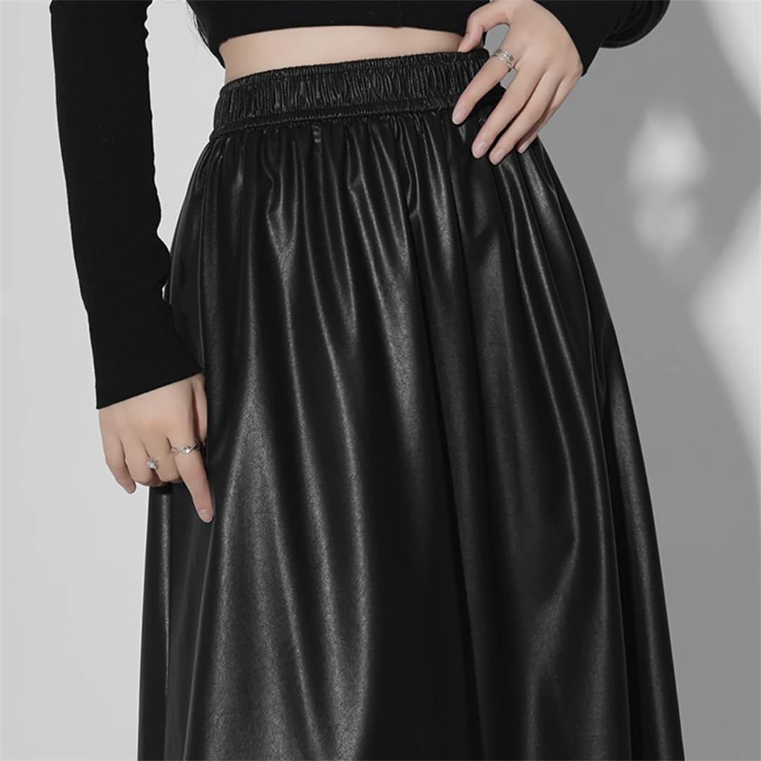 Wjnvfioo Faldas largas de cuero sintético de una línea de moda para mujer, otoño, invierno, cintura alta, elástica, acampanada, plisada, casual, faldas