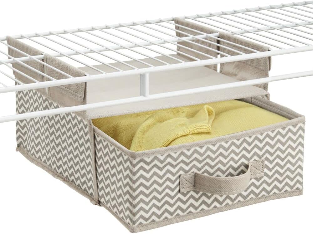 mDesign Soft Fabric Over Closet Shelving Hanging Storage Organizer with Removable Drawer for Closets in Bedrooms, Hallway, Entryway, Mudroom - Chevron Zig Zag Print with Solid Trim - Taupe/Natural