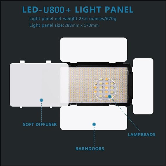 Coverzone 800 LED Çift Modlu Bataryalı ve Fişli Fotoğraf Stüdyosu Işığı - Aydınlatma, Görsel Fotoğraflama, Kamera, Youtuber, Twitch Yayıncı Işığı (LED U800 Beyaz Işık)