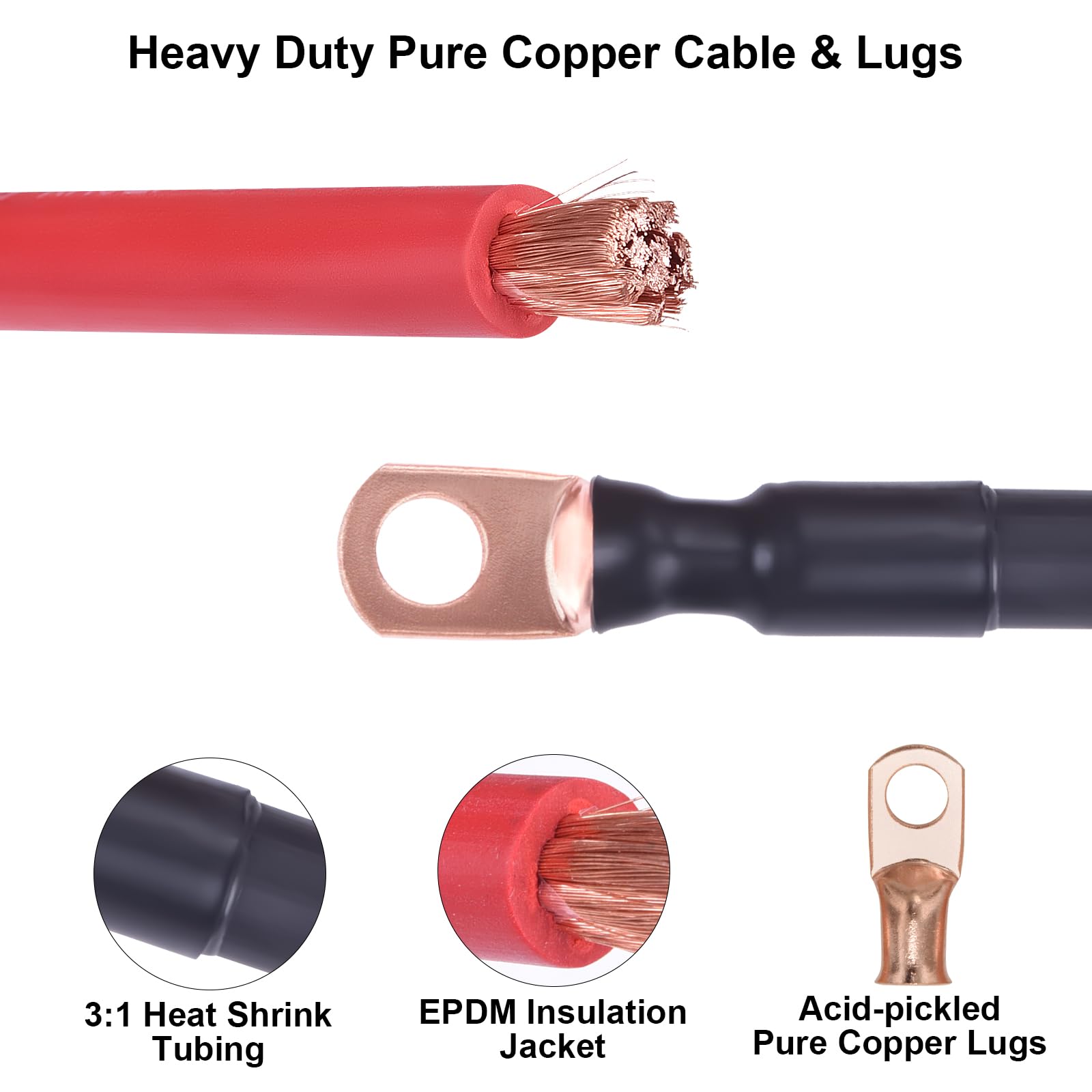 iGreely Cable de batería de calibre 1/0 AWG, alambre de cobre puro, cables inversores de energía de batería con lengüetas de 3/8 pulgadas para panel solar, motor de arrastre, automóvil, motocicleta