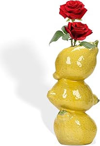 8" Yellow Lemon Ceramic Vase – Mediterranean Style Tabletop Flower Vase with 3D Lemon Design, Decorative Home & Kitchen Décor for Fresh Flowers, Dried Arrangements & Greenery
