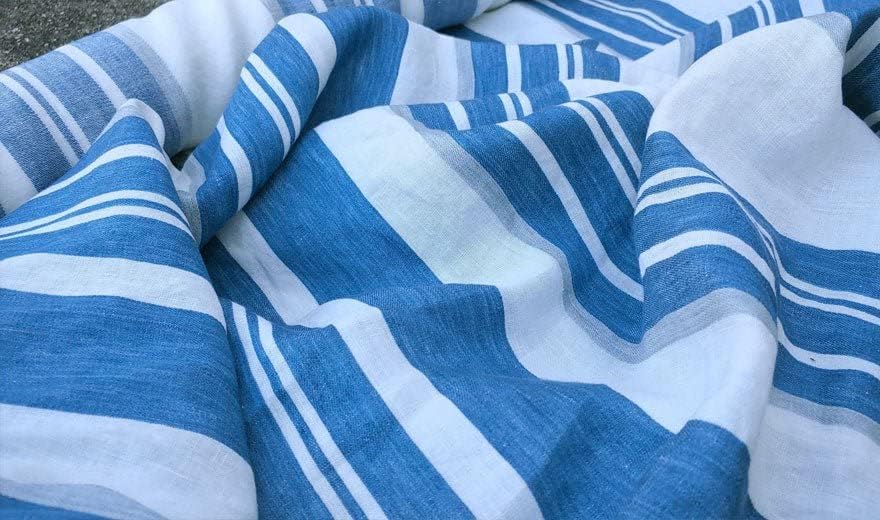 Blue Dobby Stripe 100% Linen Fabric | Premium Quality, Breathable & Eco-Friendly Material - Perfect for Crafting, Sewing, and Home Décor