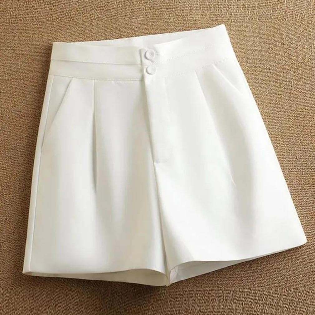 Women Pleated Shorts Double Button Casual Trousers with Pockets Office Daily Slim Short Pants