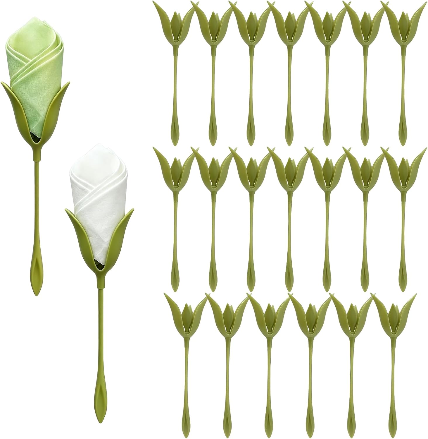 20PCS Rose Flower Stem Napkin Holders, Folding Tool for Creating Shaped Napkins, Easy Napkin Rose Maker for Wedding, Dinner, Party, Banquet, Table Decoration, Green Stem Design