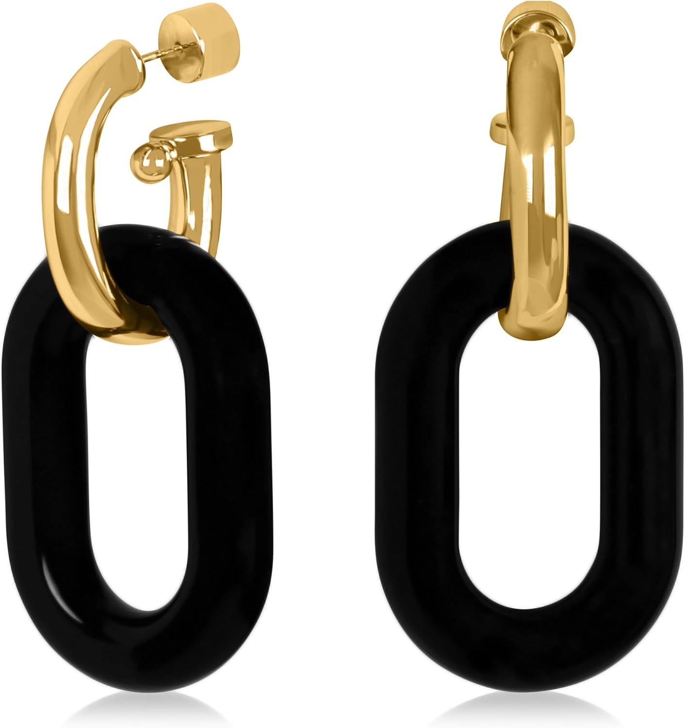 Gold Plated Sterling Silver 60MM Resin Link Oblong Dangle Open Hoop Earrings for Women - in Assorted Colors and Patterns