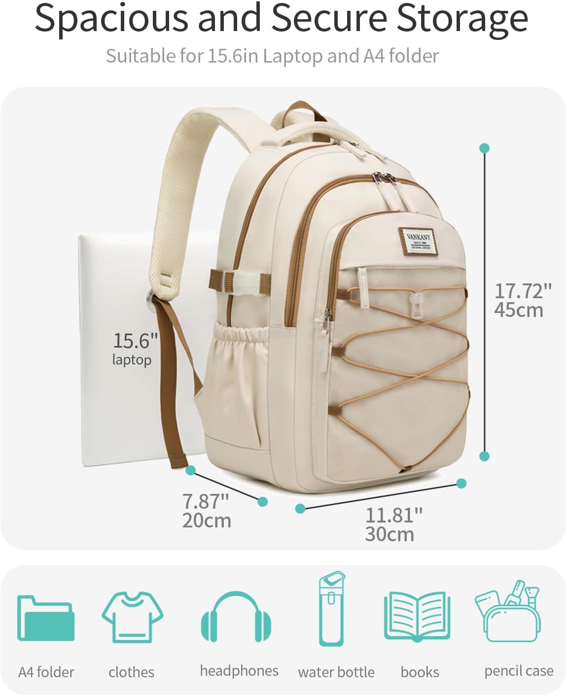Teen Girls Backpack School Bag, 15.6in Laptop Backpack for Women Work Commuter, Aesthetic College Bookbag for Students, Beige - Image 5