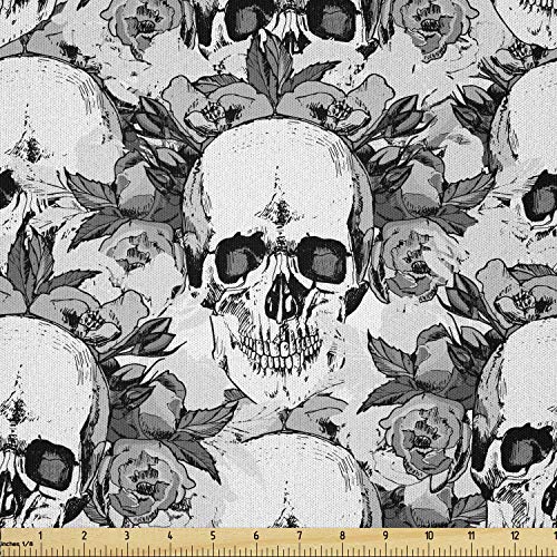 Lunarable Day of The Dead Fabric by The Yard, Skull Skeleton Pattern Print with Dia de Los Muertos Theme, Microfiber Fabric for Arts and Crafts Textiles & Decor, 3 Yards, Grey White