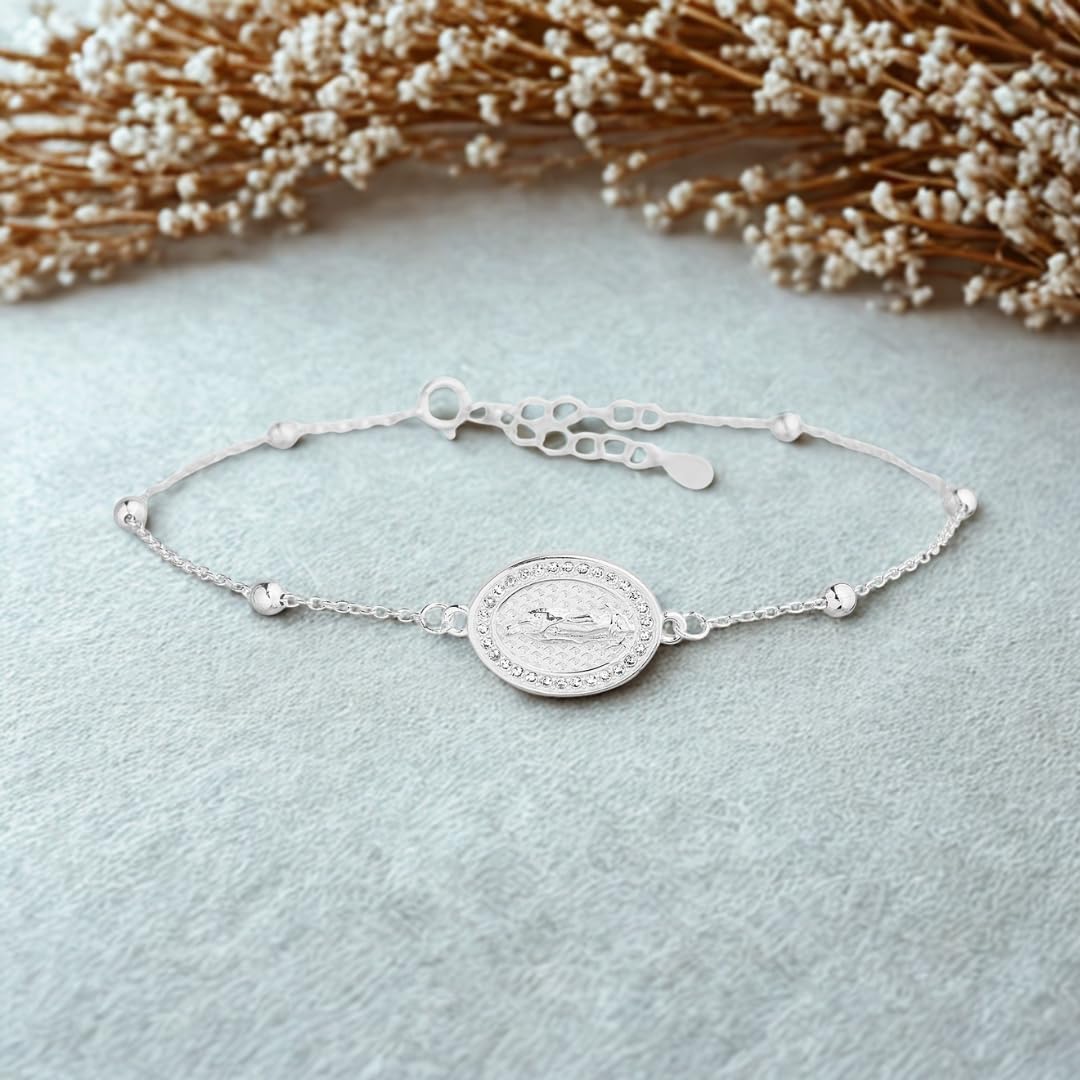 Cubic Zirconia Medal Virgin Mary Bracelet for Women 925 Sterling Silver - Image 4
